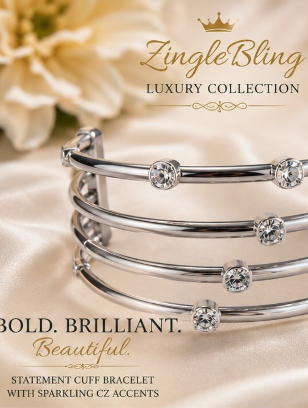 Silver Tone Multi Row Cuff Bracelet Clear CZ Crystal Statement Wide Open Cuff
